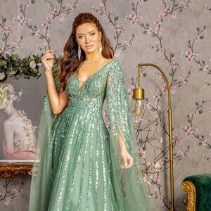 NEW LONG A-LINE MESH FOMRAL DRESS EMBROIDERED WITH SEQUINS & SIDE CAPES GL3494